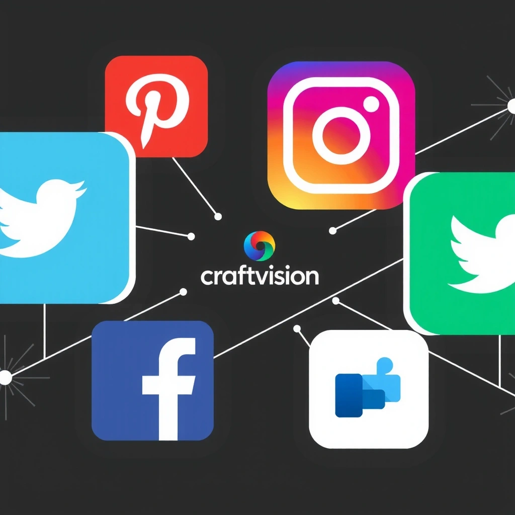 Ikony sociálních médií (Facebook, Instagram) s logem craftvision uprostřed, symbolizující digitální propojení.