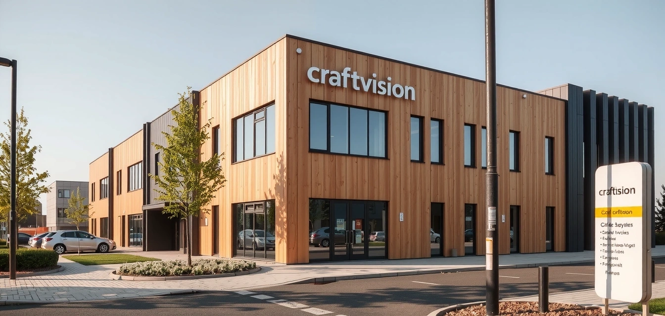 Moderní budova sídla firmy craftvision v centru Zlína, s jasným označením adresy.