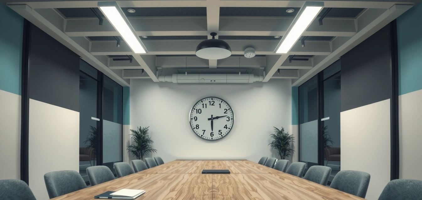 Nástěnné hodiny ukazující pracovní dobu v moderním kancelářském prostředí.