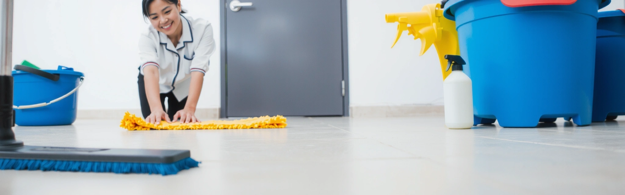 Detailní záběr na profesionální úklidové vybavení a usměvavou uklízečku v pozadí