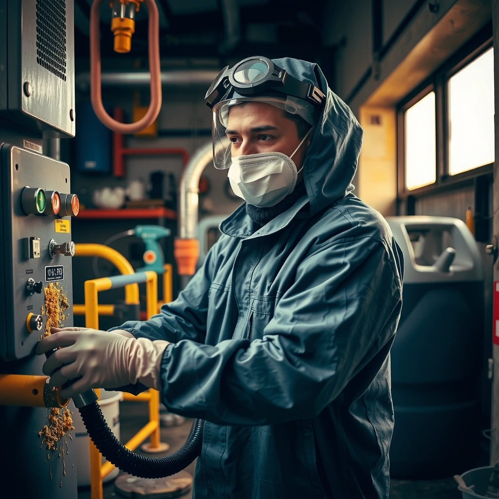 Pracovník v ochranném oděvu provádí speciální úklid