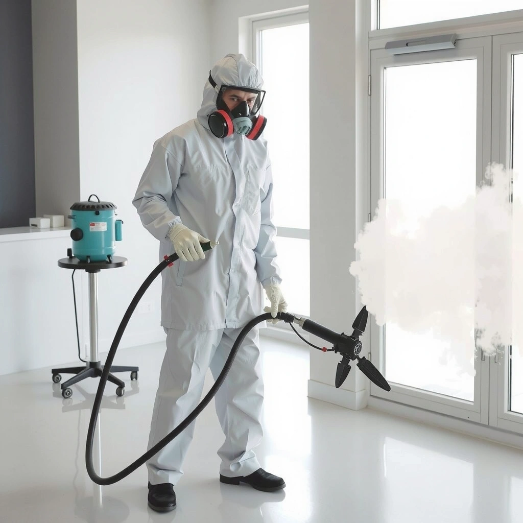 Technik provádí dezinfekci místnosti