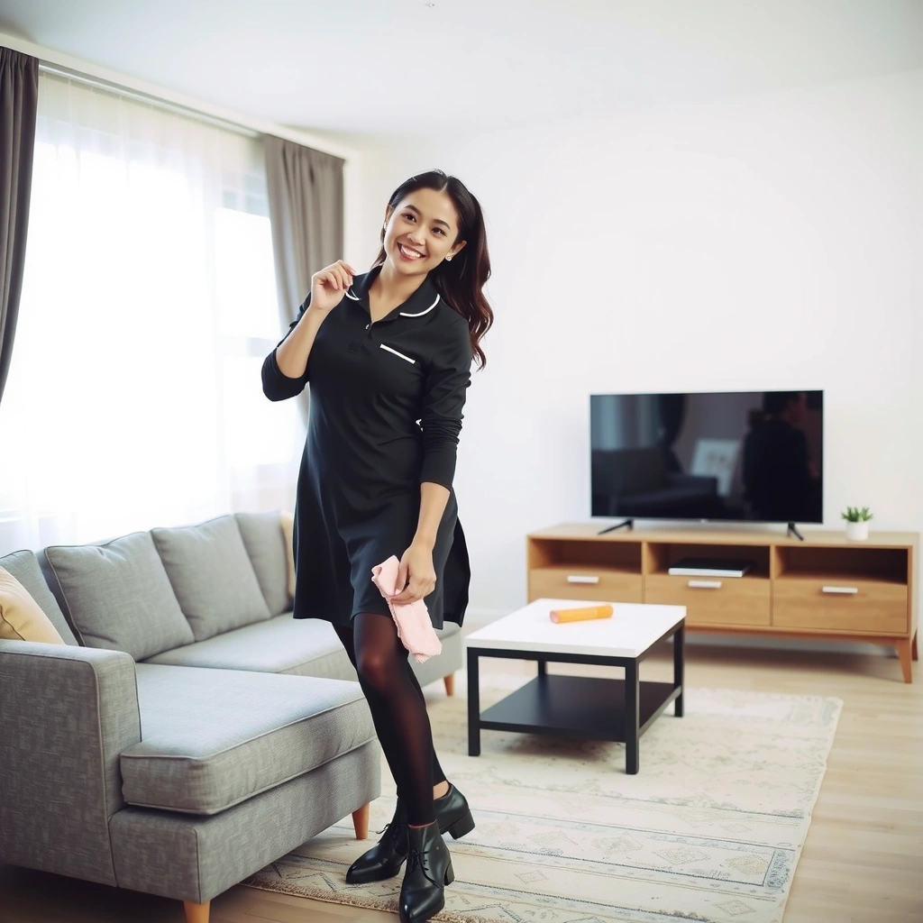 Usměvavá žena uklízí moderní obývací pokoj