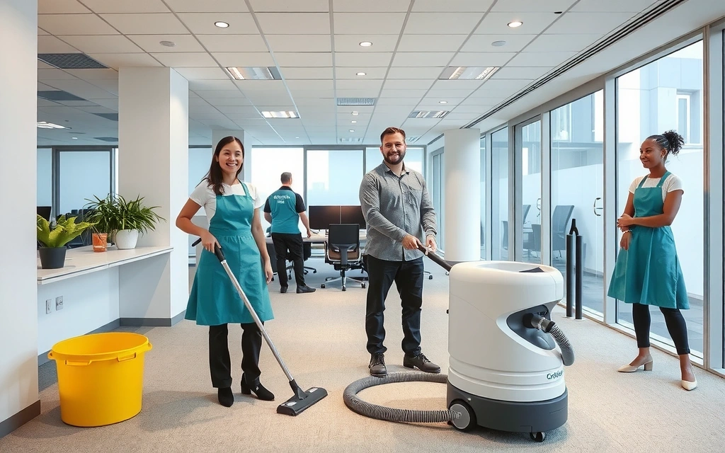 Moderní, čistý interiér kanceláře s úklidovým týmem craftvision, symbolizující efektivitu a technologie.