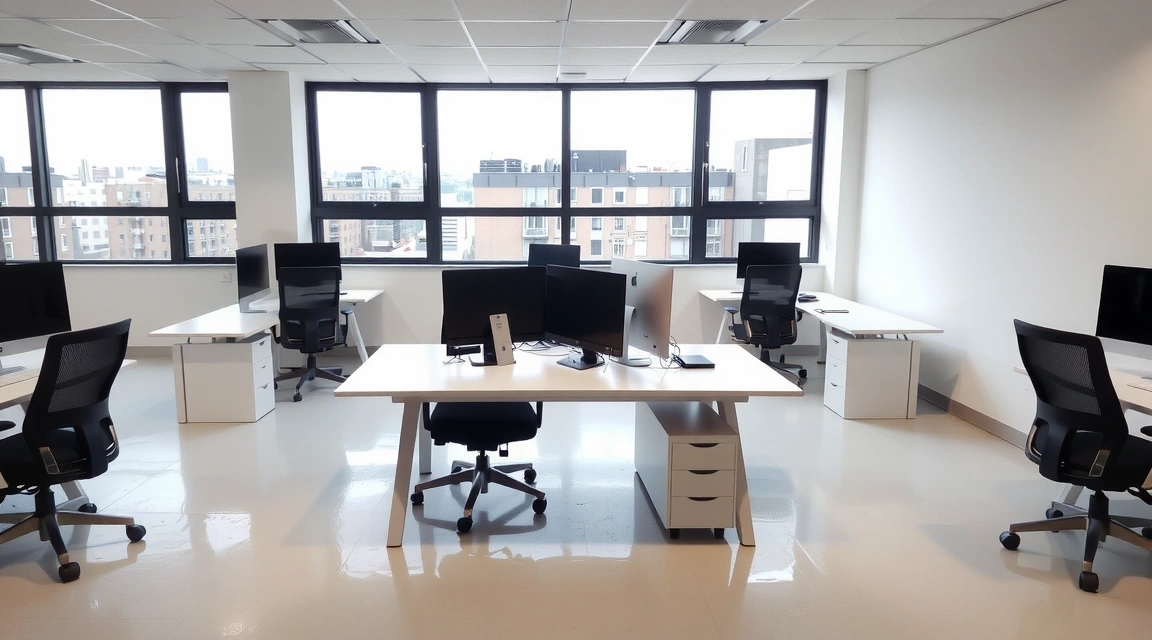 Moderní, čistá kancelář s ergonomickým nábytkem a jasným prostorem, připravená k práci.