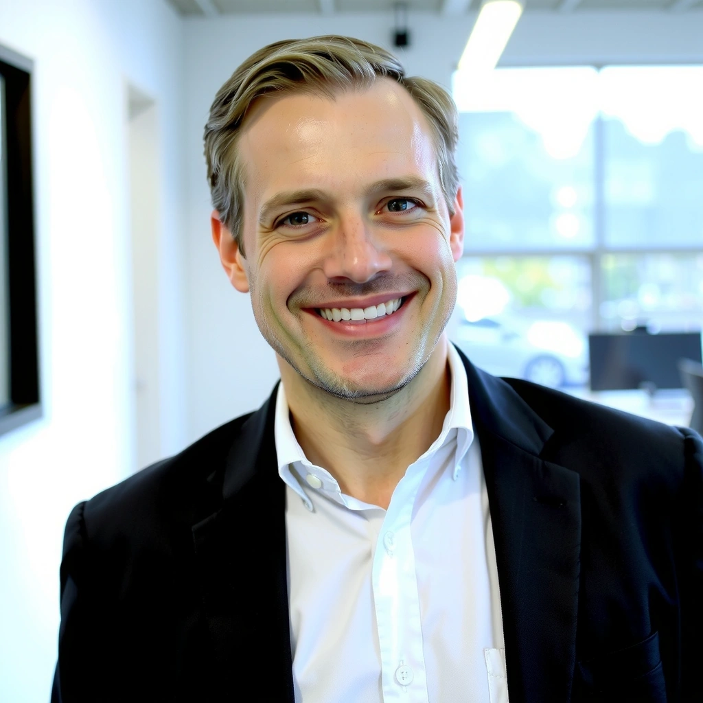 Portrét usmívajícího se generálního ředitele craftvision, muže kolem 45 let, v profesionálním oblečení.