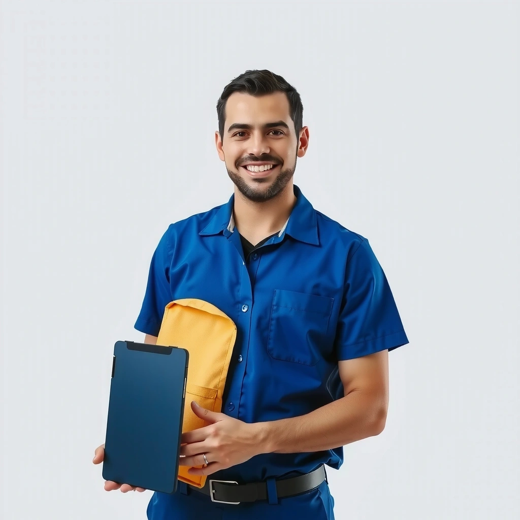 Portrét usmívajícího se vedoucího týmu úklidu craftvision, muže kolem 30 let, v pracovní uniformě.