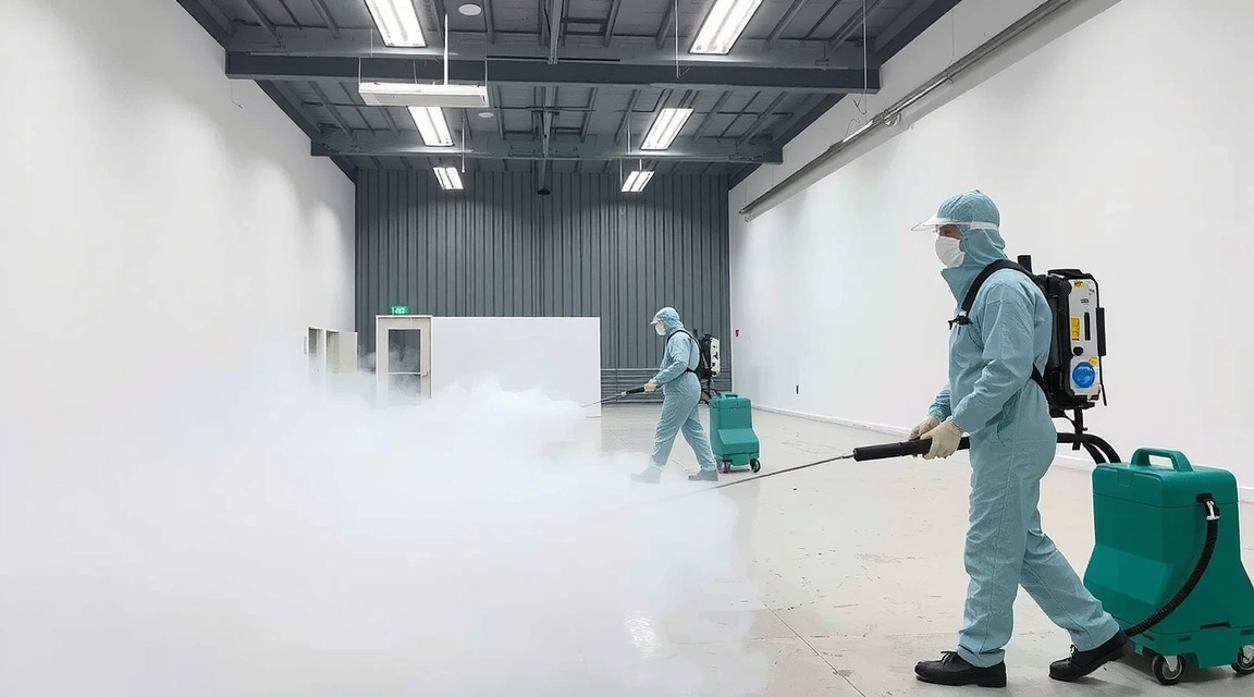 Specializovaný úklidový tým s ochrannými pomůckami a profesionálním vybavením pro hloubkovou dezinfekci.