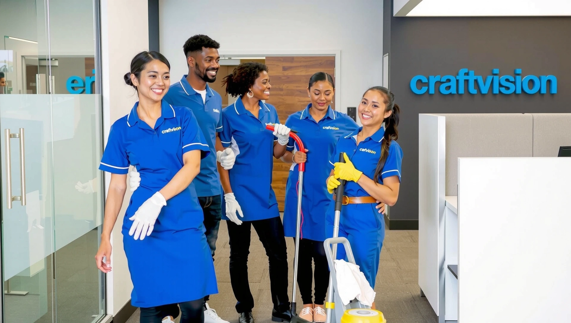 Tým craftvision v akci, usmívající se, s moderním úklidovým vybavením, symbolizující profesionalitu a péči.