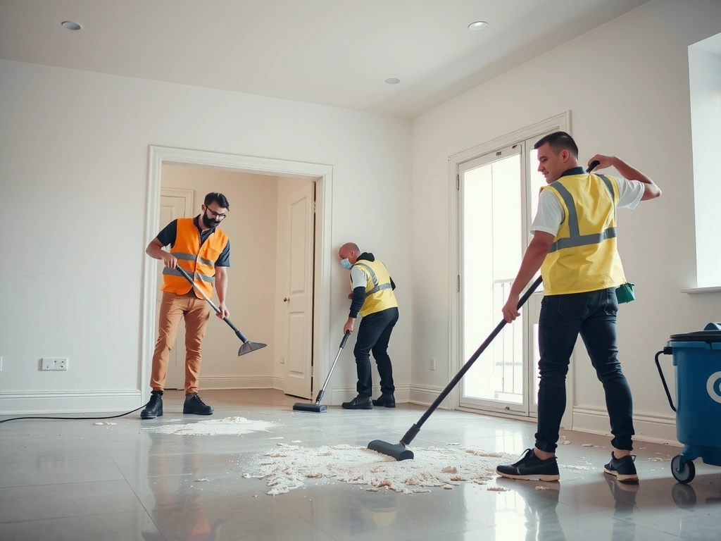 Tým profesionálů provádějících úklid po rekonstrukci