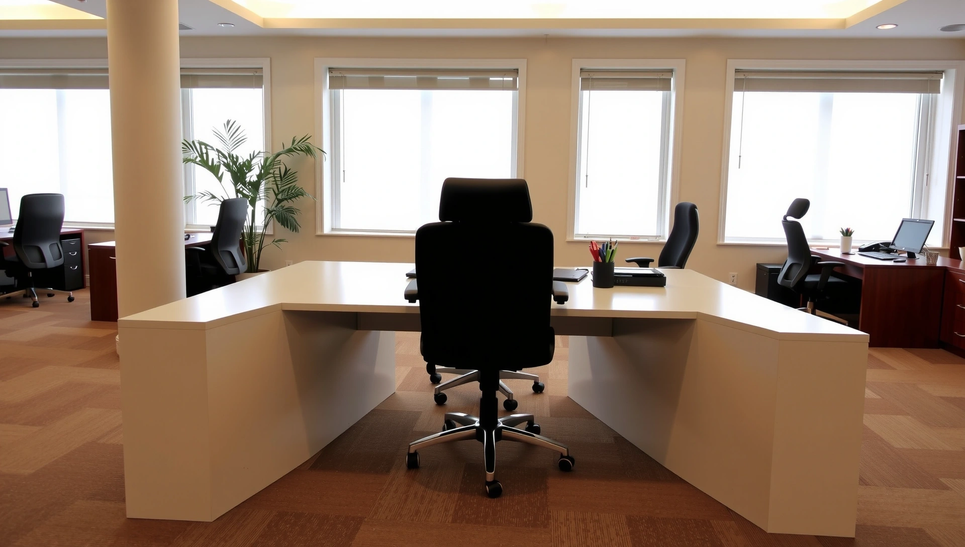 Moderní, čistá kancelář s jasným osvětlením a ergonomickým nábytkem, symbolizující profesionální úklidové služby.