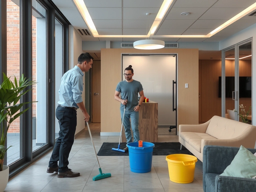 Profesionální úklidový tým čistící moderní kancelářské prostory s důrazem na detaily.